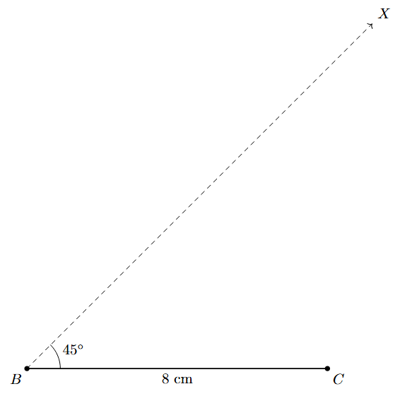 Step 2 Step 2: A ray BX is drawn at B, making a 45-degree angle with BC.